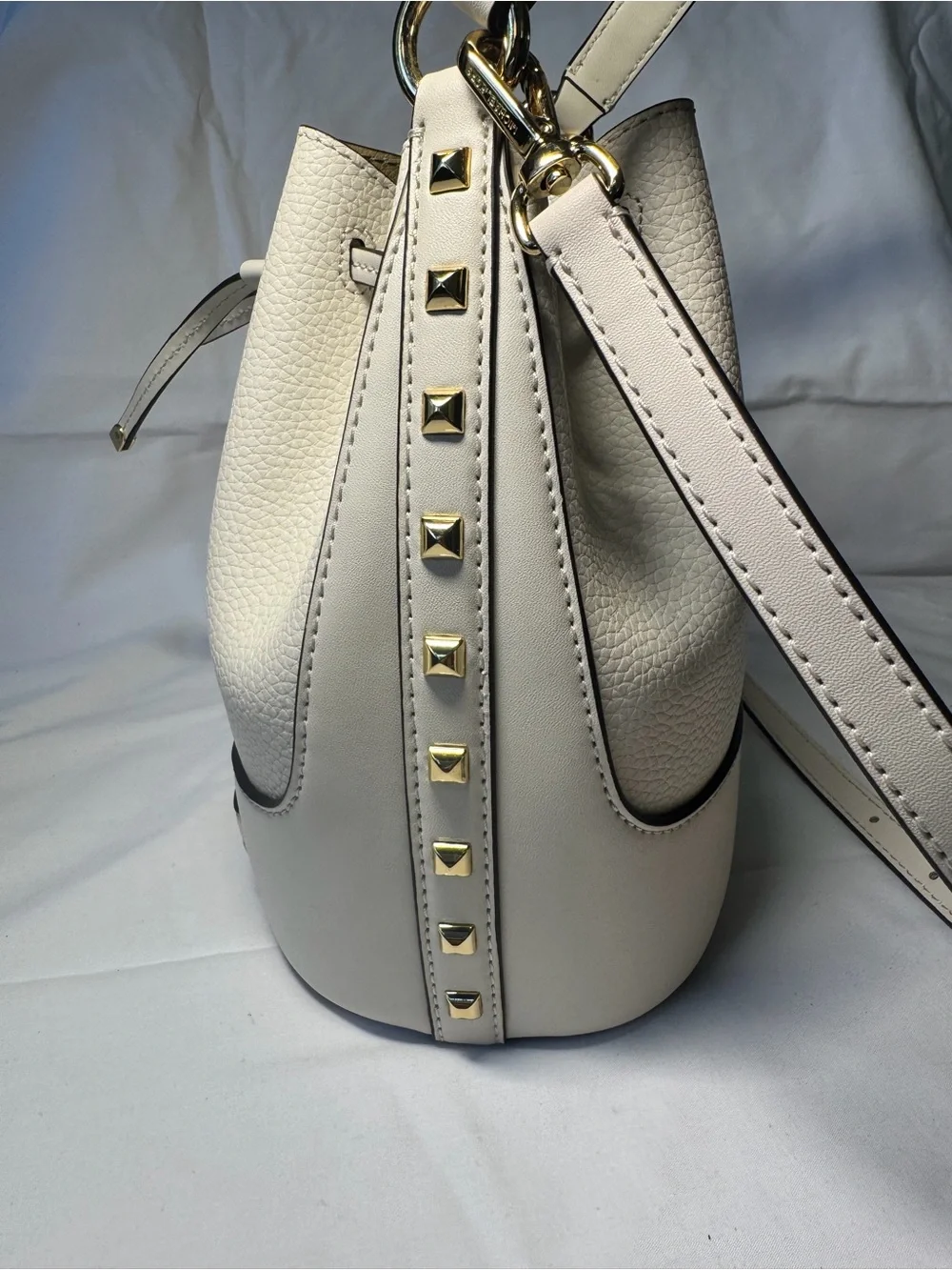Michael Kors Cream Leather Mini Drawstring Bucket Bag with Gold MK Hardware
